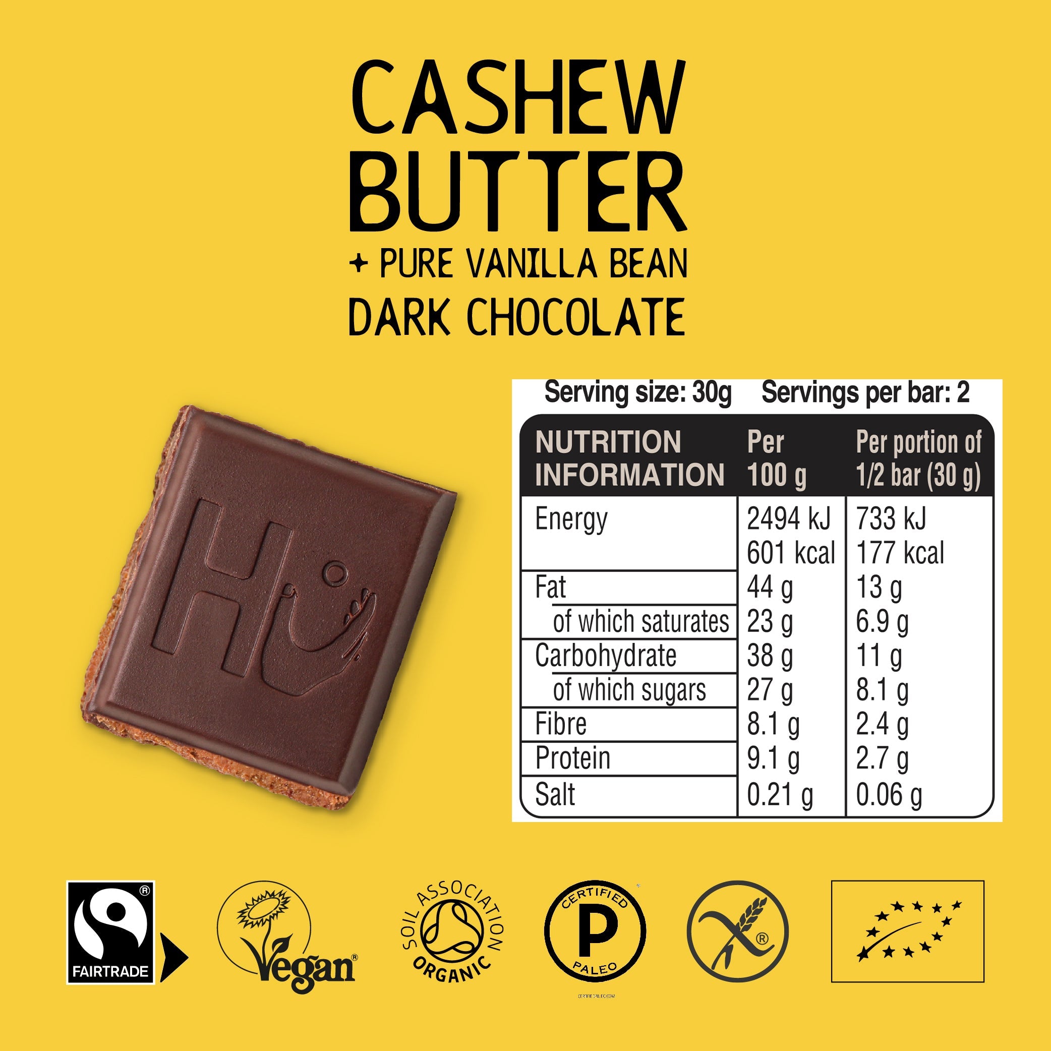 Org Vegan Hu Cashew Butter & Vanilla Dark Chocolate Bar - 60g