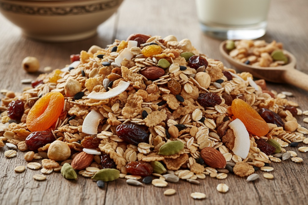 Deluxe muesli with the following ingredients in a pile:Ingredients: oats*, sultanas*, malted wheat flakes*, barley flakes*, wheat flakes*, sunflower seeds*, chopped dates*, apricots* , hazelnuts*, desiccated coconut* almonds* and cardamom*. 